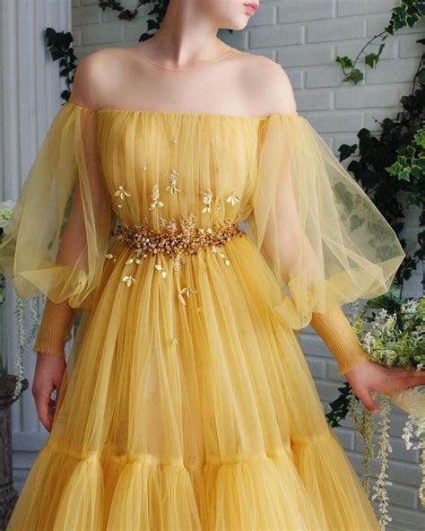Yellow Long Sleeve Prom Dress Off Shoulder Party Dress Lace Tulle