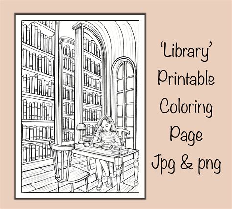 Cozy Library Coloring Page Girl In Library Reading Books Etsy Australia