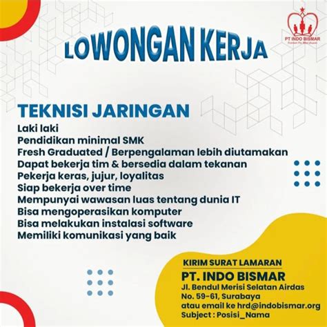 Lowongan Kerja Teknisi Jaringan Pt Indo Bismar Surabaya