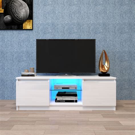 Wampat Tv Stand With 2 Drawers And Led Light For Tvs Up To 55 White