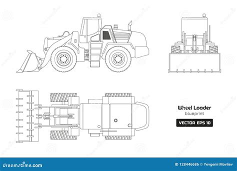 Outline Drawing Of Wheel Loader On White Background Top Side And