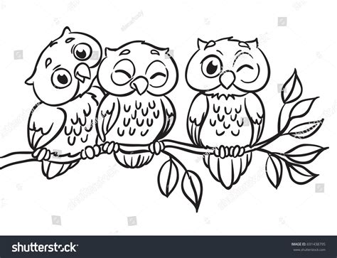 Three Owls Are Sitting On A Branch Vector Illustration Outlined For