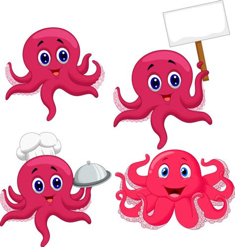 Cartoon Funny Octopus Collection Set Premium Vector