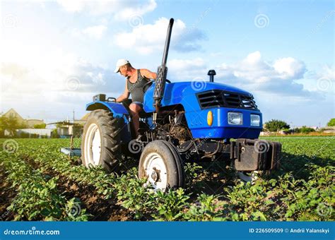 Tractor Cultivates The Soil After Harvesting A Farmer Plows A Field