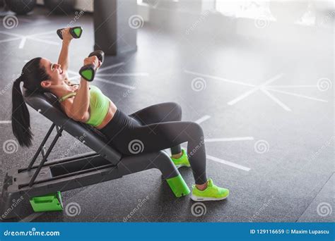 Cheerful Female Exercising With Dumbbells On Bench Stock Image Image