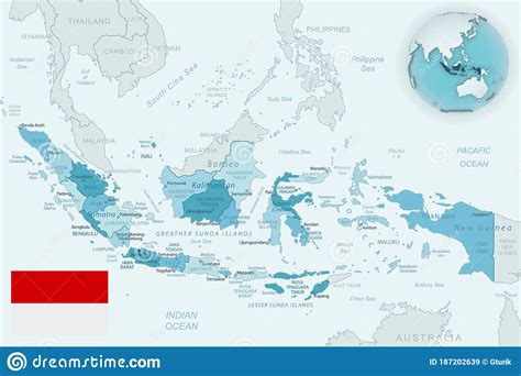 blue green detailed map of indonesia administrative divisions with country flag and location on