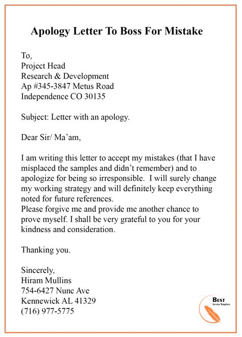 Apology Letter Template To Boss Manager Sample And Examples