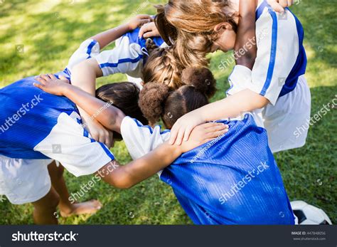 Overhead View Soccer Team Forming Huddle Stock Photo 447848056