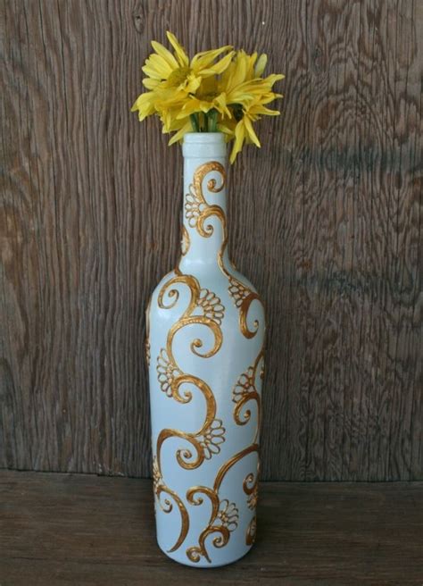 Hand Painted Wine Bottle Vase Up Cycled Light Blue With Gold Filigree