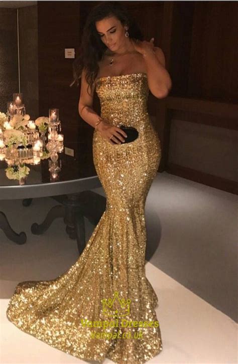 sparkly gold sequin strapless floor length mermaid prom
