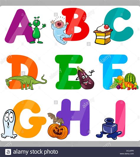 Cartoon Illustration Of Funny Capital Letters Alphabet With Objects For