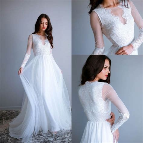 Discount 2021 Bohemian Wedding Dresses Long Sleeves Lace Appliques