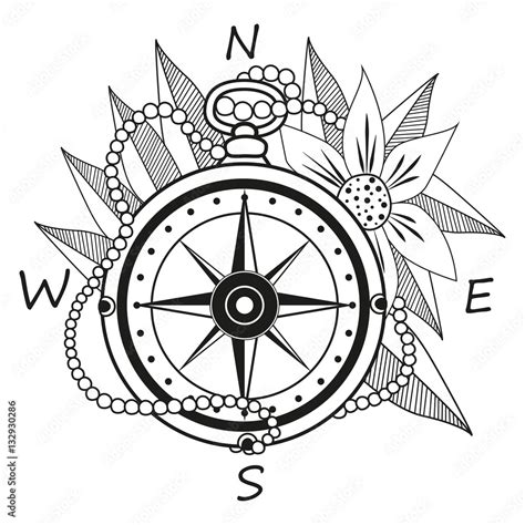 Vintage Compass With Flowers And Leaves Vacation And Tourism Icon