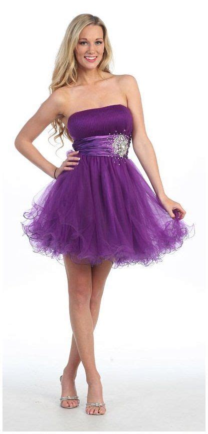 Short Purple Prom Dress Tulle Skirt Strapless Empire Rhinestones