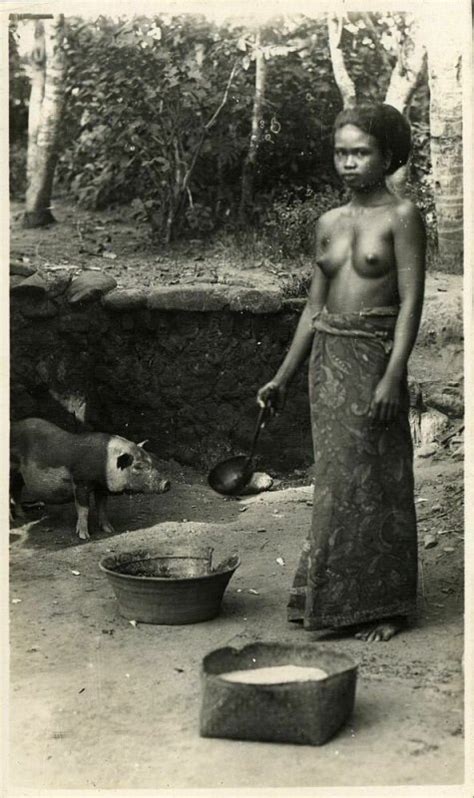 Indonesia BALI Native Nude Balinese Woman Feeding Pig 1920s RPPC