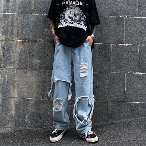Destroyed Ripped Baggy Denim Pants Etsy Baggy Clothes Aesthetic