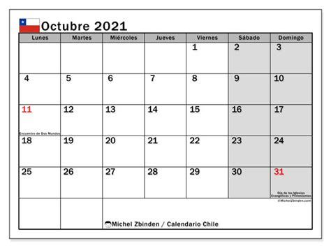 Calendario “chile” Octubre De 2021 Para Imprimir Michel Zbinden Es