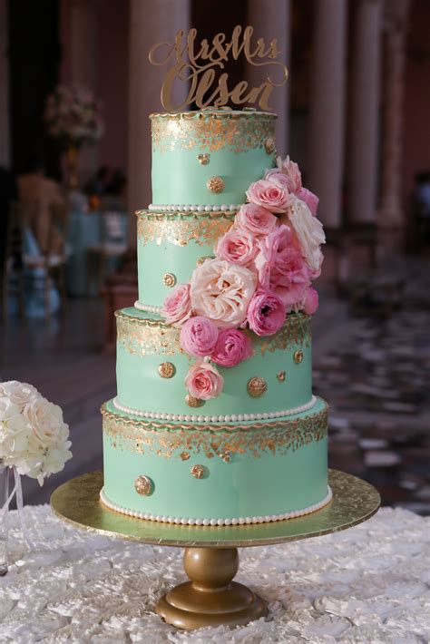 Mint Green And Gold Wedding Cake With Pink And Blush Flowers By The Cake Zone At The Ringling