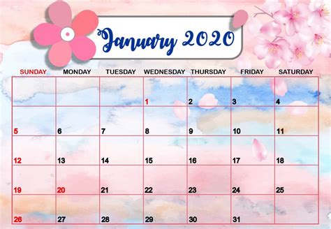Cute January 2020 Calendar Free Printable Template Printable