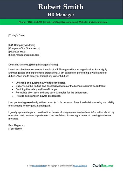 Hr Manager Cover Letter Examples Qwikresume
