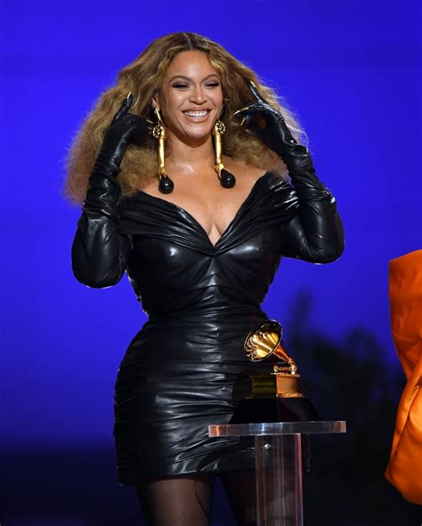 Beyoncés Schiaparelli Leather Dress At The 2021 Grammys Popsugar Fashion