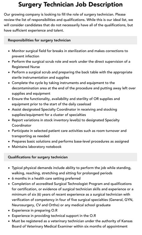 Surgery Technician Job Description Velvet Jobs