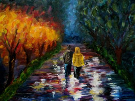 Colorful Landscape Oil Painting Rainy Day Stroll By