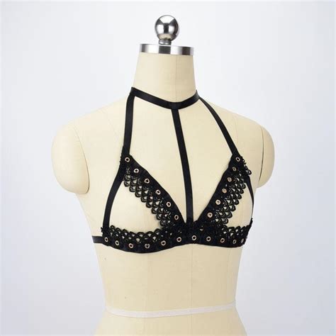 Black Lace Open Chest Cage Bralette Sexy Cupless Bra Women Fetish Wear Body Harness Polyester
