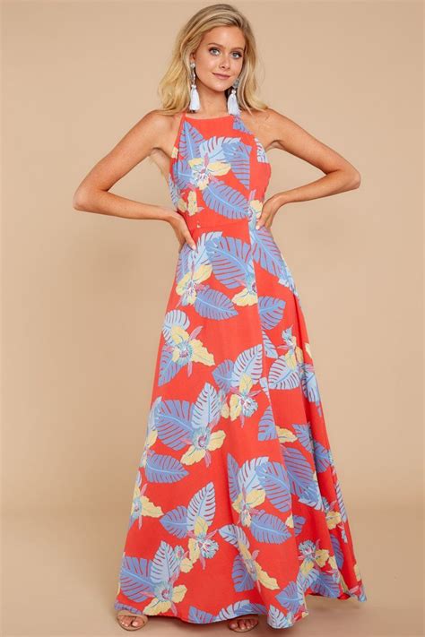Trendy Red Tropical Print Maxi Dress Sleeveless Maxi Dress 4800