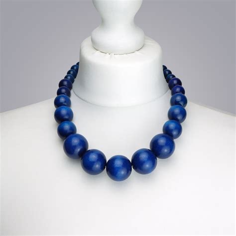 Navy Blue Chunky Necklace Navy Wooden Bead Necklace Blue Etsy