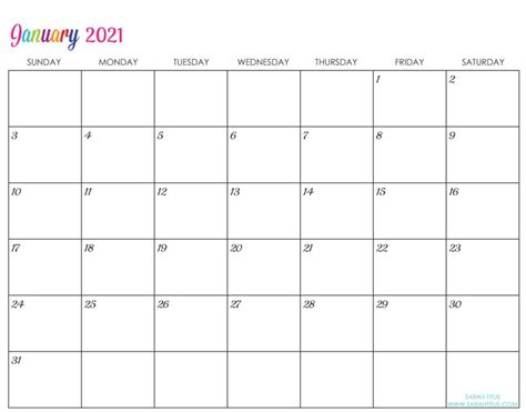 Landscape (horizontal), dates and weekdays at the top. 20+ Editable January 2021 Calendar - Free Download ...