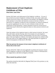 Replacement Of Lost Duplicate Certificate Of Title Ownership Deed