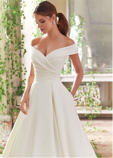 Romantic Satin Off The Shoulder Neckline A Line Wedding Dresses With