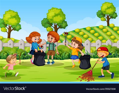Scene With Many Children Cleaning In Park Vector Image