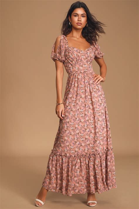 Mauve Floral Dress Ruffled Maxi Dress Cold Shoulder Dress Lulus