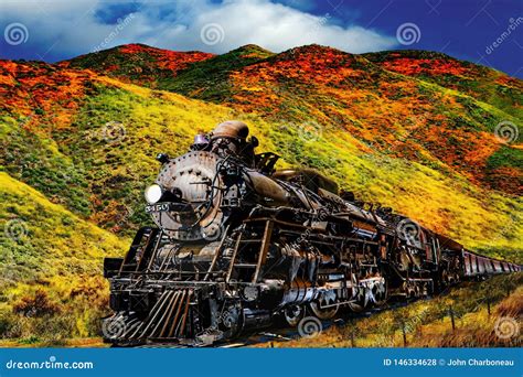 Classic Coal Burning Steam Engine Locomotive Crossing The Wldfower