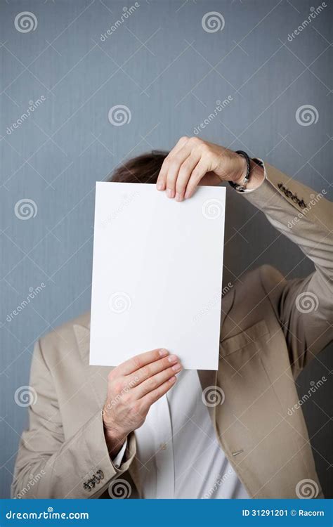 Businessman Holding Blank Paper In Front Of Face Stock Image Image Of