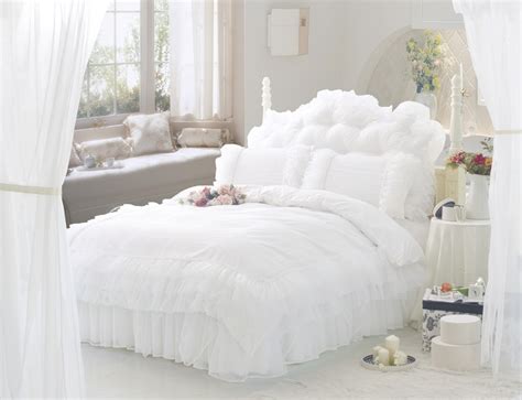 White Ruffle Lace Princess Bedding Set Full Queen Size Quilt Duvet