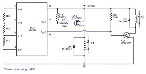 Led circuits, audio circuits, solar battery charger circuits. Thermostat LM56 Project Circuit Diagram |simple schematic diagram