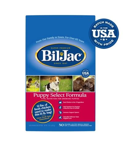 Finally when i bought bil jac our dogs loved it and it has been their favorite food for the past seven years! Bil Jac Puppy Select Formula Dog Food, 6 LB MADE in the USA