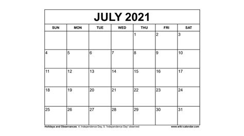 Printable July 2021 Calendar Templates With Holidays Wiki Calendar