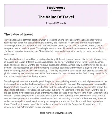 The Value Of Travel Free Essay Example