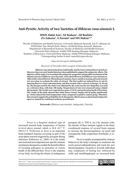 PDF Anti Pyretic Activity Of Two Varieties Of Hibiscus Rosa Sinensis L