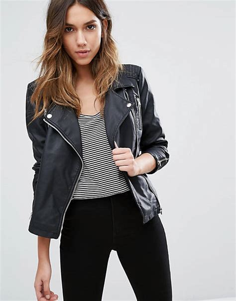 Only Faux Leather Biker Jacket With Zip Detail Asos