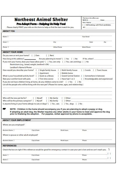 Free 30 Animal Shelter Forms In Pdf Ms Word