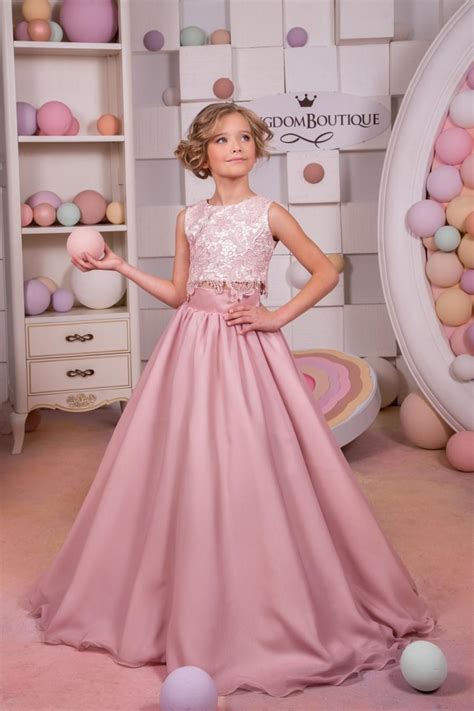 Blush Pink Lace Satin Flower Girl Dress Wedding Party Holiday