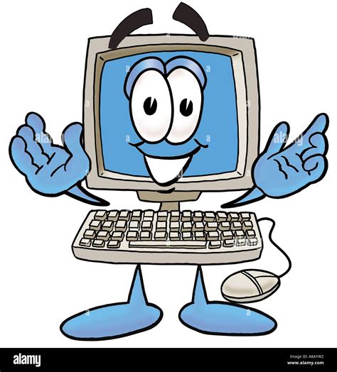 Cartoon Computer With Hands Raise And Friendly Smiling Face Stock Photo