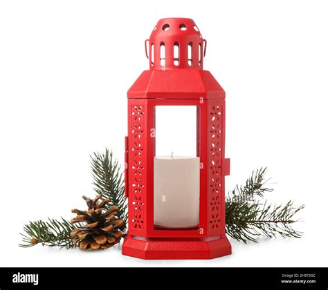 Christmas Lantern With Candle Fir Branches And Cone On White