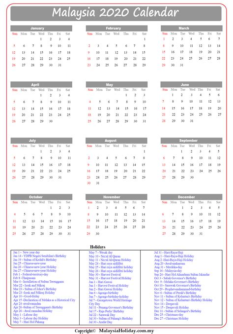 Malaysia Public Holidays 2020 Malaysia Calendar 2020 ️