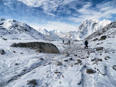 Trekking In Snowy And Icy Mountains Himalayas At Day